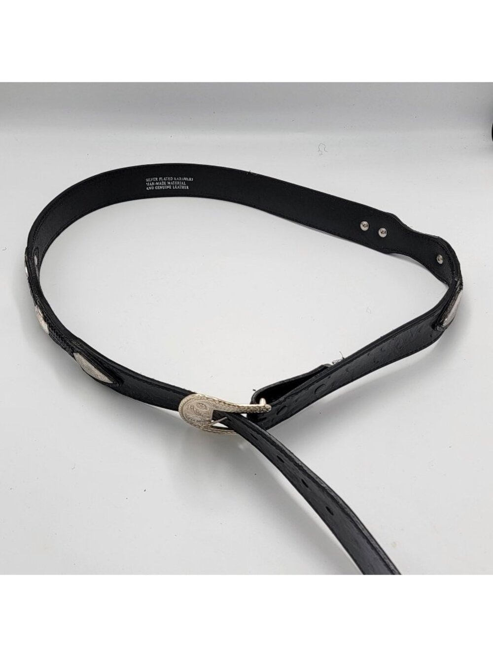Vtg Western/Cowboy Black Genuine Leather Men's Belt with Silver-Plated Buckle